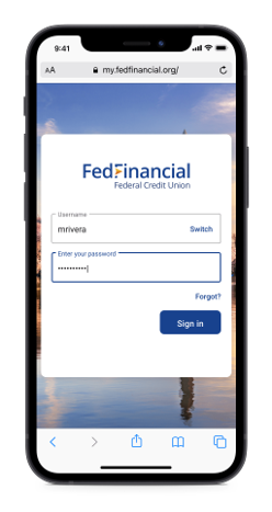 Screenshot of Fed Financial login interface on iphone